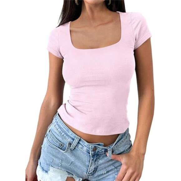 Short Sleeve T Shirts Square Neck Crop Tops for Women - Picture 6 of 8